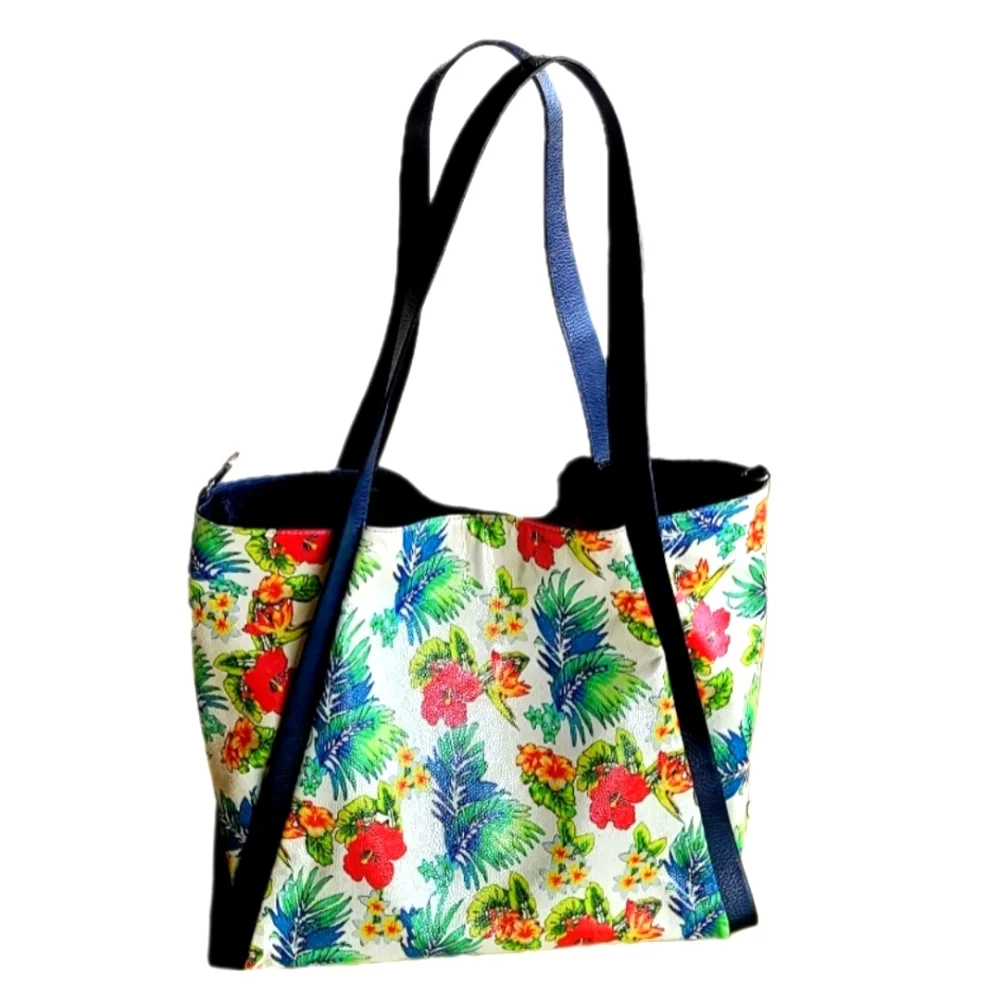 SENSATIONAL Pebbled  Leather Tote Bag Sunny Floral Print Handmade in Türkiye
